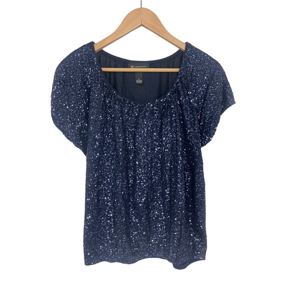 Size Small INC‎ NAVY BLUE SEQUIN EMBELLISHED BLOUSON TOP Shirt Blouse Summer - Picture 1 of 5